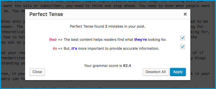 Image of Perfect Tense showing errors in post