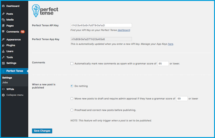 Image of Perfect Tense settings page
